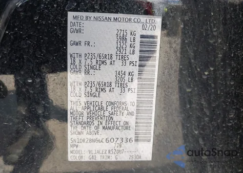 2020 Nissan Pathfinder Sv z USA, uszkodzony, nr VIN 5N1DR2BN6LC607336